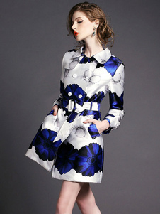 Éblouissant manteau en acétate de cellulose bleu impression imprimé fleuri ouverture avant col à rev