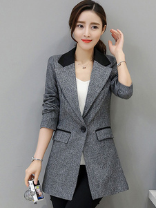 Beau blazer féminin mode gris en acétate de cellulose bicolore avec poches revers cranté