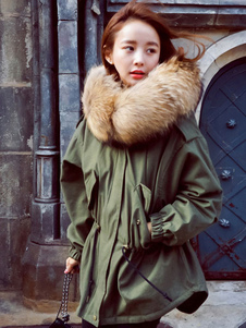 Fascinant manteau en coton vert forêt unicolore avec poches devant court et derrière long à capuche 