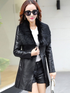 Chic manteau femme en PU unicolore avec fourrure ouverture avant revers embelli