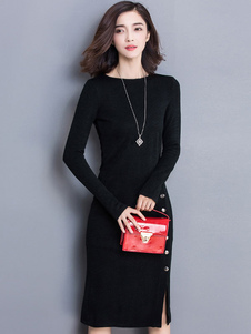 Magnifique robe pull moyenne casual unicolore avec bouton moulante col rond quotidienne