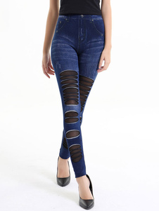 Adorables leggins féminins casual en polyester bleu foncés unicolore avec filets