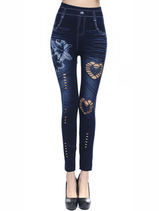 Fabuleux leggings pour femmes casual en polyester bleu foncés impression creusé