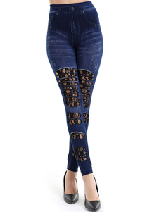 Magnétique caleçon féminin casual en polyester bleu foncé unicolore avec dentelle