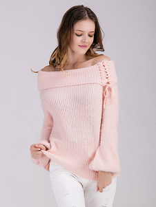 Chic femme pull mode bleu ciel clair unicolore avec lacet surdimensionné manches ballons manches lon