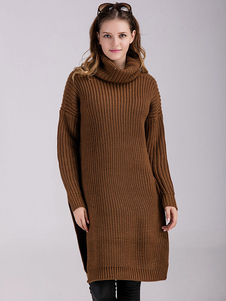 Magnifique robe pull moyenne casual unicolore fendue fendue col roulé manches casaque quotidienne