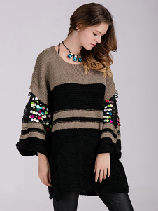 Doux pull pour femme mode blanc avec rayure et paillettes surdimensionné manches évasées manches 3/4