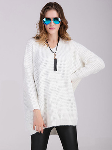 Populaire pull-over féminin casual blanc unicolore surdimensionné manches casaque manches longues