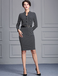 Fascinante robe bodycon en brocart noir col montant à pois avec ceinture