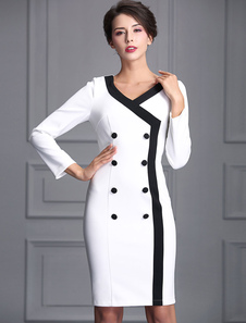 Charmante robe bodycon en fibres de coton blanc col V bicolore avec bouton moulant