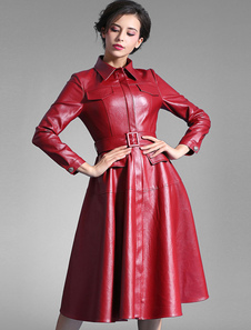 Attrayante robe skater mode en PU bordeaux unicolore col à revers