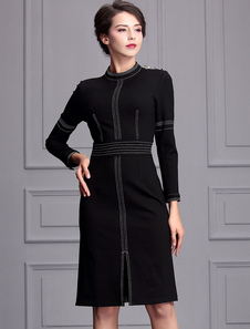 Robe bodycon en fibres de coton noir col ras du cou unicolore