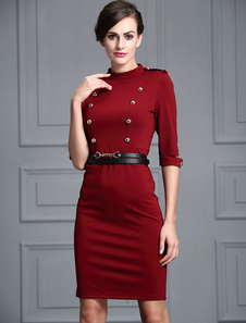Fascinante robe bodycon en fibres de coton bordeaux col montant unicolore avec bouton