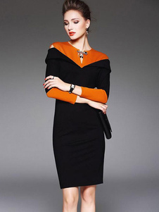 Populaire robe bodycon en spandex décolleté cranté color-block creusé vêtements journaliers