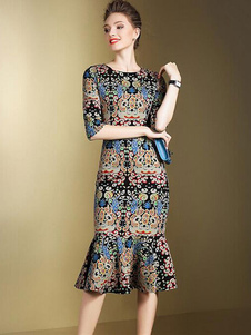 Robe bodycon en spandex col rond à motifs cachemire et volants moulant