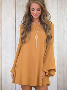 Élégente robe droite en polyester jaune unicolore vêtements journaliers col rond