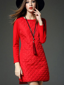 Magnifique robe droite en coton mélangé unicolore vêtements journaliers fendu col rond