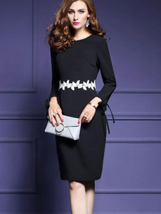 Charmante robe bodycon en spandex noir col rond avec dentelle et dentelle