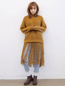 Attrayant pull féminin casual marron clair unicolore avec frange vêtements journaliers manches longu
