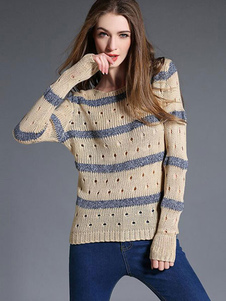 Populaire pull-over féminin mode abricot avec rayure et filets manches longues