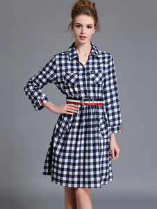 Magnifique robe skater mode en coton mélangé bleu écossais avec ceinture col large