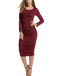 Fascinante robe bodycon en spandex col rond unicolore plissé moulant