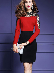 Robe bodycon en spandex bordeaux col roulé avec dentelle et dentelle vêtements journaliers