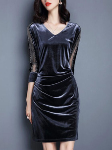 Robe bodycon en velours côtelé col V unicolore plissé