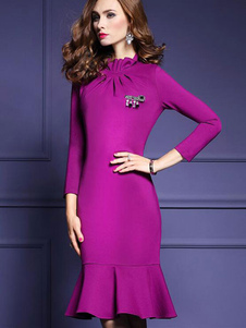 Robe bodycon en spandex rose revers embelli unicolore avec plissement moulant