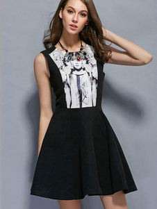 Séduisante robe skater en spandex noir vêtements journaliers col rond