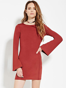 Robe bodycon en spandex rouge col rond unicolore creusé à dos décolleté