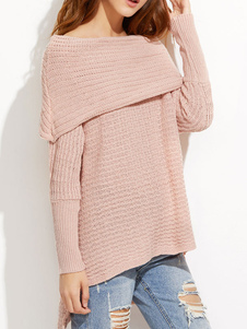 Adorable pull féminin casual rose unicolore fendu devant court et derrière long manches casaque manc