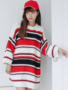 Fabuleuse robe pull moyenne casual avec rayure surdimensionné col rond manches casaque quotidienne