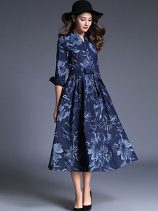 Robe longue bleu en denim impression plissé imprimé fleuri col V