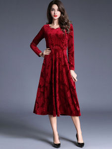 Plissé thé longueur robe Bourgogne Maxi robe velours Sweetheart décolleté manches longues Jacquard f