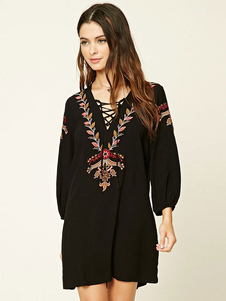 Élégente robe vintage noire casual moyenne imprimé feuilles brodée col V surdimensionné quotidienne