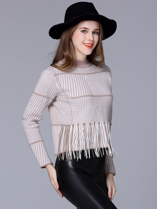 Charmant pull pour femme mode gris jacquard avec frange moulant manches longues