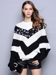 Doux pull pour femme casual noir avec rayure et paillettes surdimensionné manches chauve-souris manc