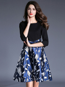 Chic robe skater mode en acétate de cellulose bleu impression moulant imprimé fleuri col rond