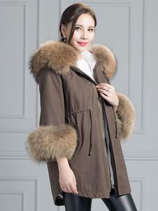 Beau manteau femme en coton Brun unicolore thermique à capuche