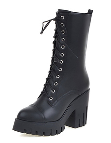 Bottes mi-mollet à lacets et bout rond en PU unicolore