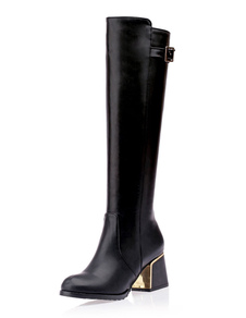 Bottes à talons bobines en PU unicolore avec boucle