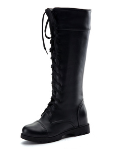 Bottes mi-mollet à lacets et bout rond en PU unicolore