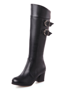 Bottes à talons épais en PU unicolore avec boucle