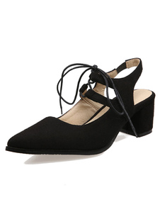 Escarpins à talons épais en cuir poncé unicolore et talons décolletés avec lacet semelles en caoutch