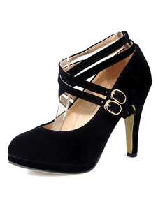 Chaussures à talons à talons épais en micro daim unicolore croisé croisé de polyuréthane / PU