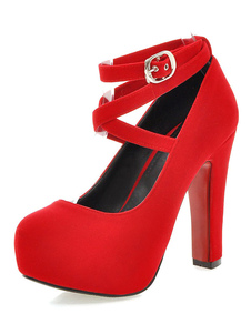 Escarpins beaux à plateforme à talons épais en micro daim unicolore ruban aux chevilles croisé de po