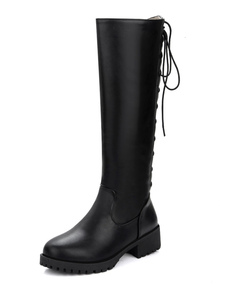 Bottes à talons épais en PU unicolore avec lacets