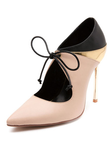 Exquises chaussures à talons à talons aigus en PU nude métallique Mary Janes avec lacets en cuir