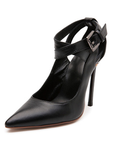 Fabuleuses chaussures à talons à talons aigus en PU noir unicolore fait main avec boucle en cuir